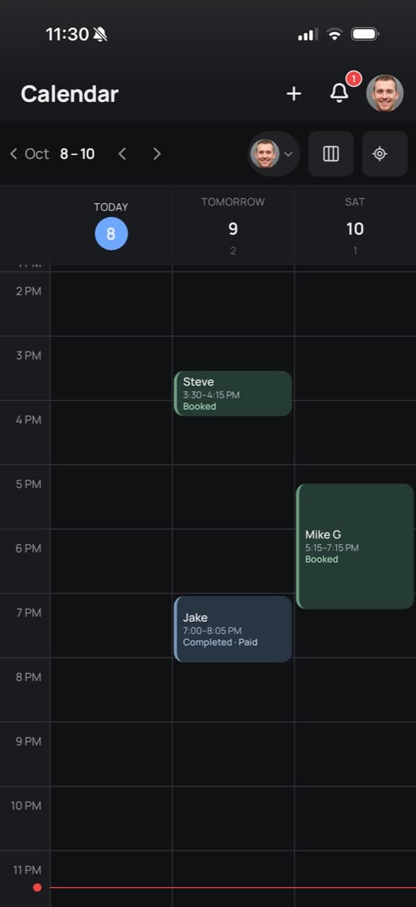 ClipWise calendar with booked and completed appointments