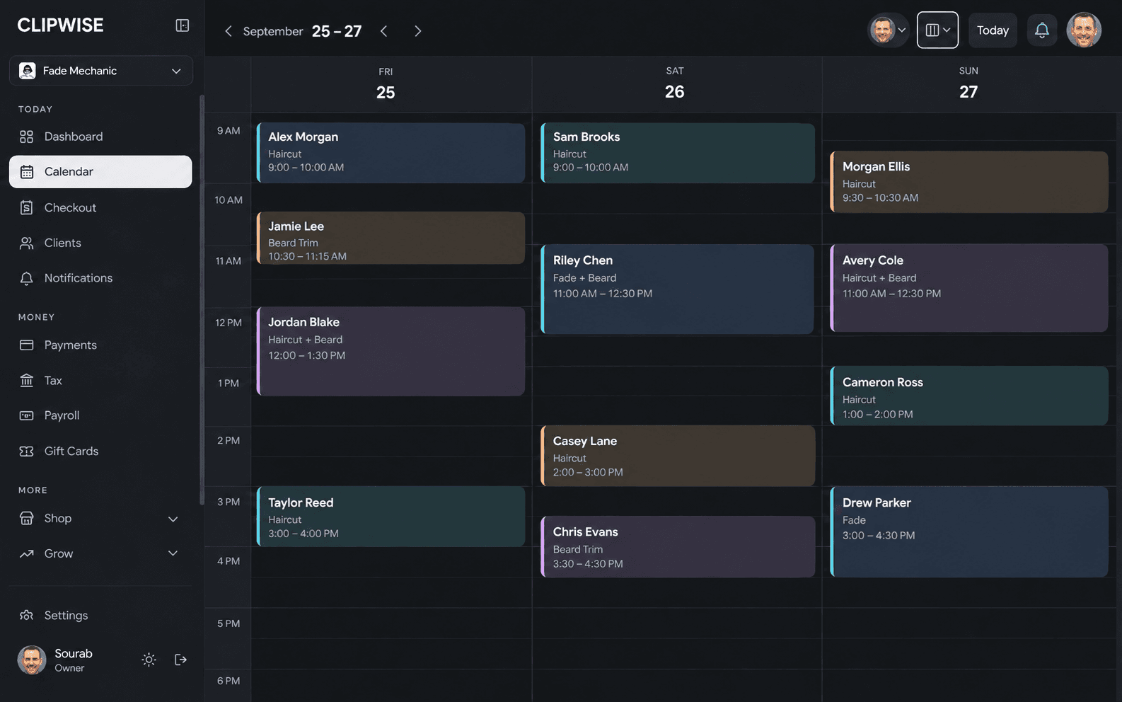 ClipWise calendar for Fade Mechanic with twelve fictional demo appointments across three days