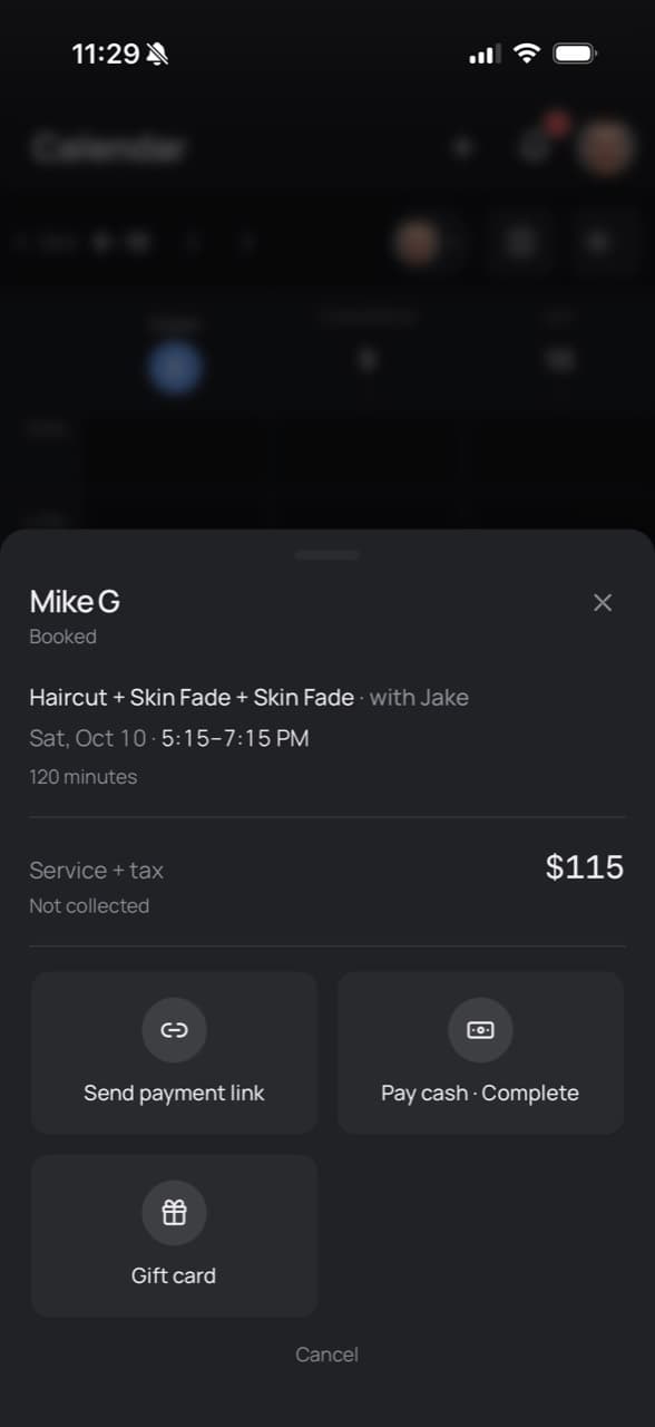 Checkout options for payment links, cash and gift cards