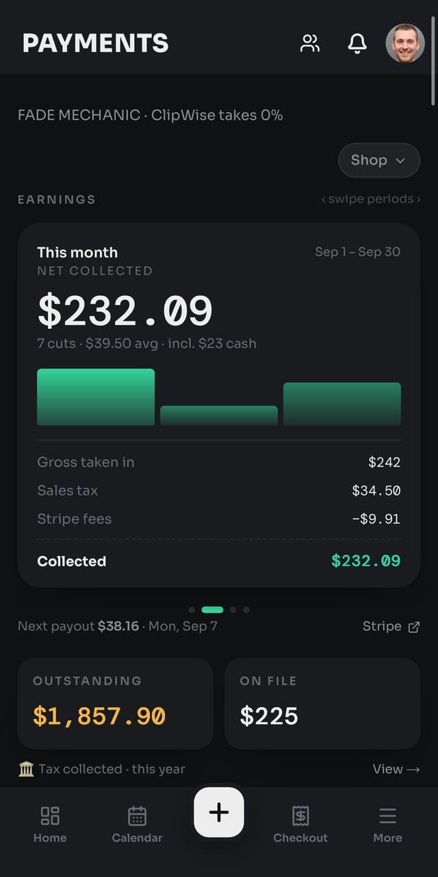 ClipWise payment totals and transaction breakdown